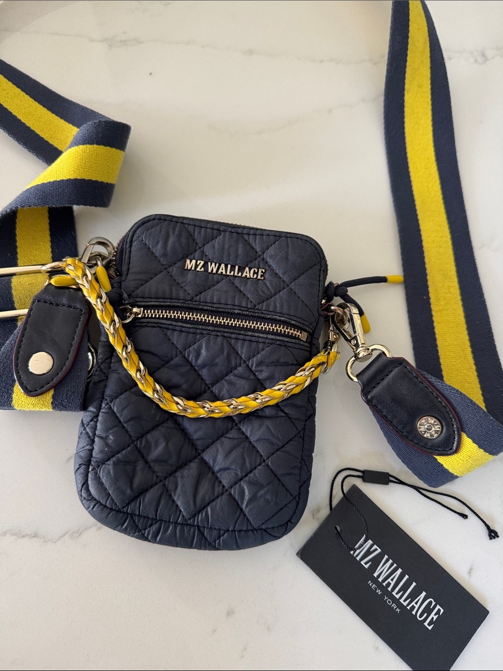 MZ Wallace Quilted Crossbody Phone Pouch in Navy with Yellow Accents